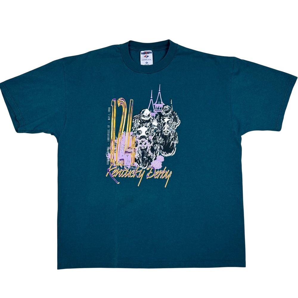 Vintage 90s Kentucky Derby 124 Jerzees T-Shirt Graphic Men XL Teal Racing USA